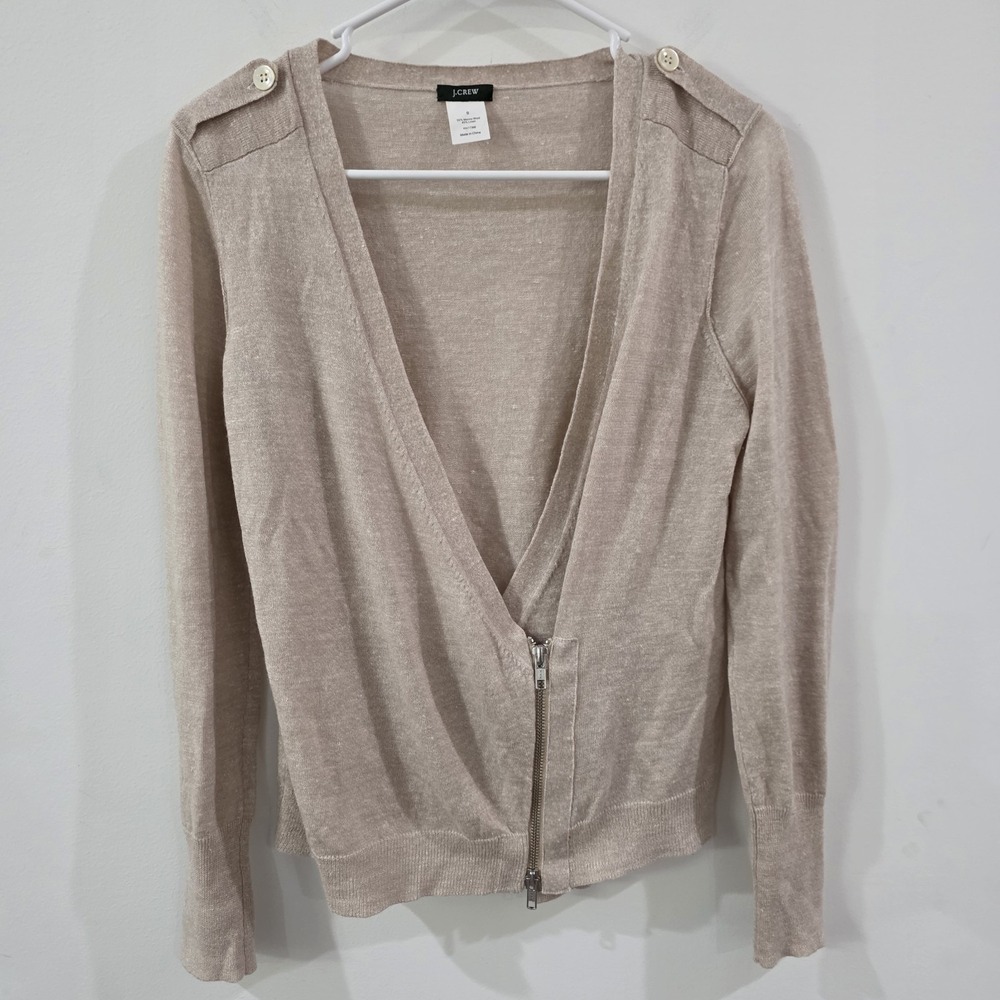 J Crew Womens Moto Zip Linen Merino Wool Cardigan Size Small Beige Wrap